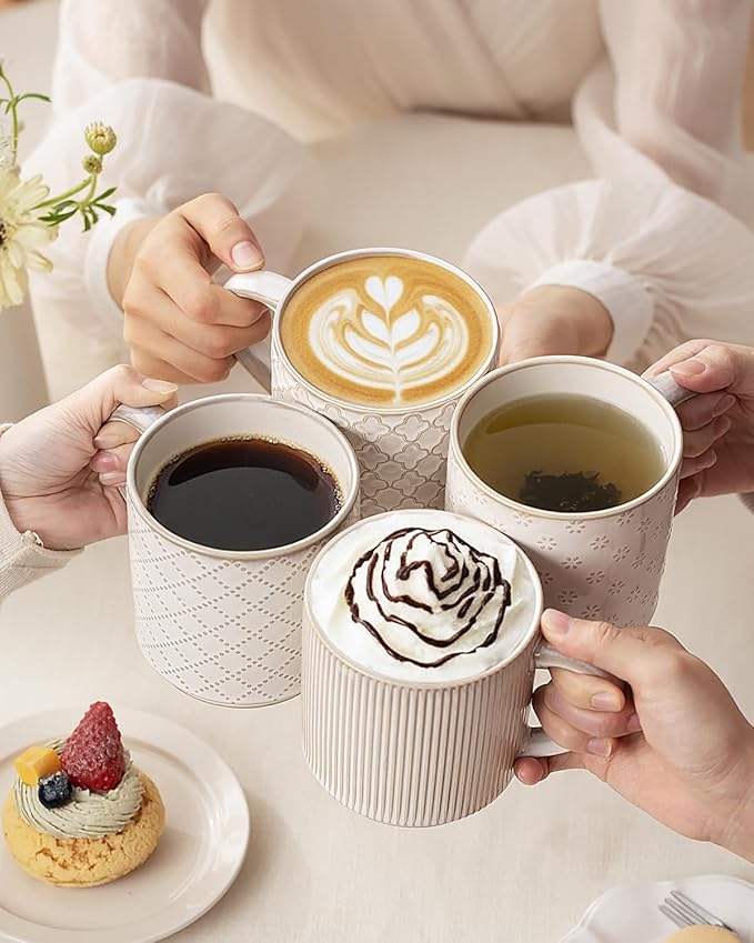 getstar 16oz Large Ceramic Coffee Mugs Set of 4 with Big Handles, Aesthetic Stackable Coffee Cups Stoneware Mug with Embossed Design for Coffee, Tea, Latte, Cappuccino, Dishwasher&Microwave Safe