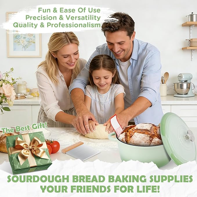 Enameled Cast Iron Dutch Oven Pot with Lid, Incl. Sourdough Bread Baking Supplies Like Banneton Bread Proofing Basket, Starter Jar, Scoring Tool Lame, 5QT Dutch Oven for Bread Baking, Oven Safe up to 500°F