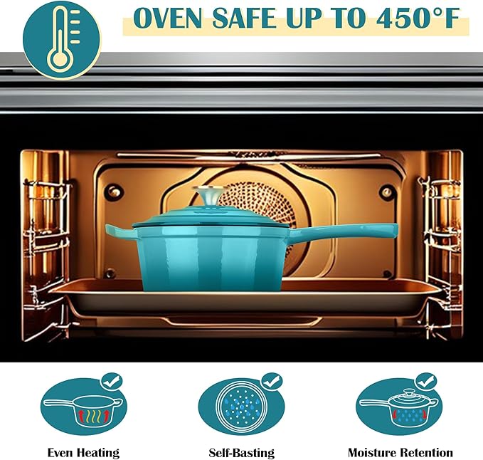 E-far Enameled Cast Iron Sauce Pan, 3 Quart Dutch Oven Saucepan with Lid, Small Sauce Pot for Cooking, Boiling, Healthy & Non Toxic, Induction & Oven Safe, Green