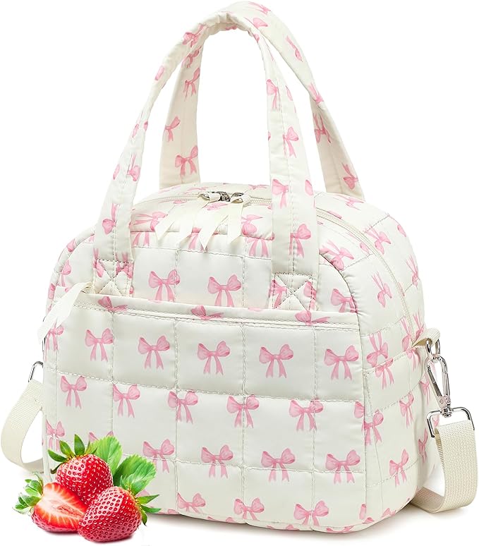 LEDAOU Lunch Box for Women Lunch bag Quilted Puffer Lunch Box with Adjustable Strap Insulated Reusable LunchBox for Work School Picnic Travel (Pink Bow - Beige)