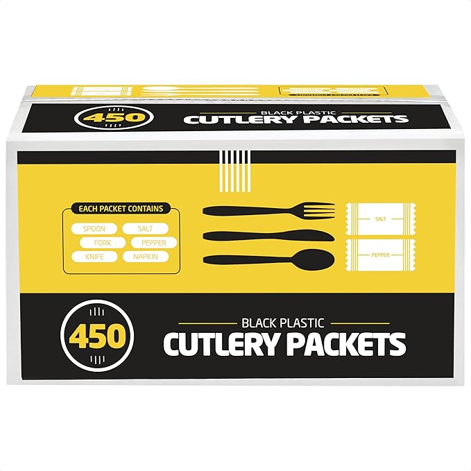 450 Plastic Cutlery Packets - Knife Fork Spoon Napkin Salt Pepper Sets | Black Silverware Individually Wrapped, Bulk Disposable To Go Utensil Kits