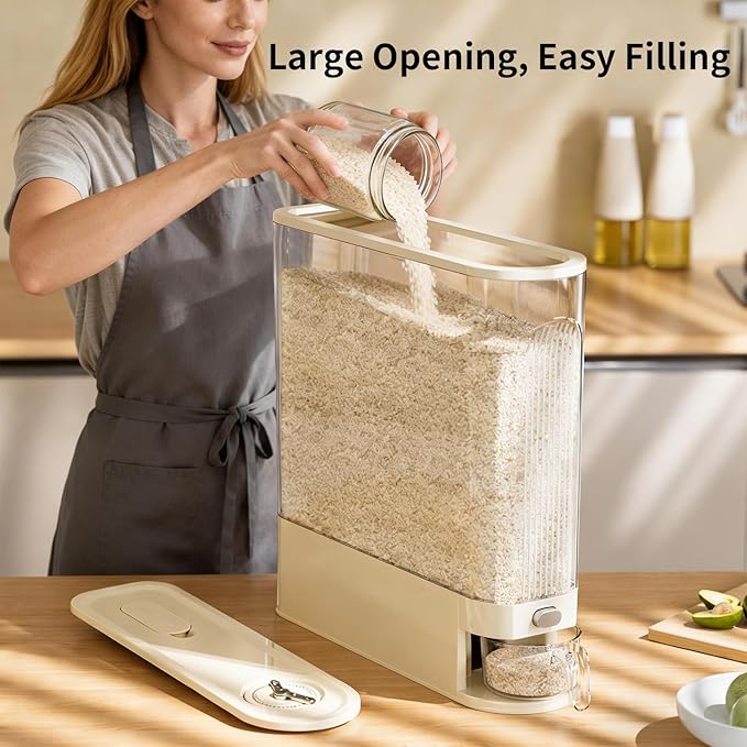 Rice Bucket, 22 lb. Multigrain Can, Visually Sealed Moisture-Proof Rice Storage Container with Measuring Cup, Large Bore Food Grade Grain Dispenser, BPA Free rice dispenser