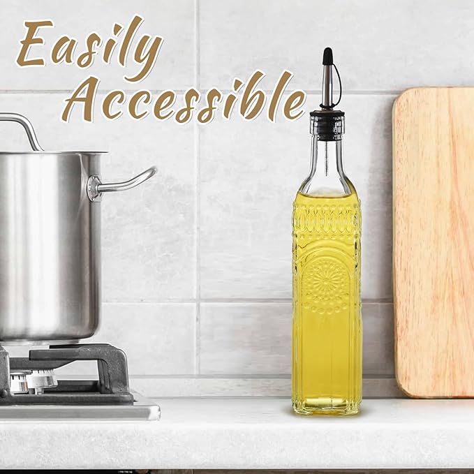 1-Pack Glass Oil Dispenser 500ML/17OZ, Vinegar Bottle with Stainless Steel Pourer, Brush, Funnel, Seal Cap (Sunflower)