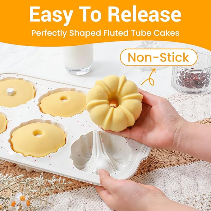 FUNBAKY Jumbo Fluted Tube Cake Pans with Metal Reinforced Frame, 2Pcs Silicone 6-Cavity 4 IN Flan Molds, Nonstick Baking Mold for Cupcake, Brownie, Donuts, Cornbread, Jello