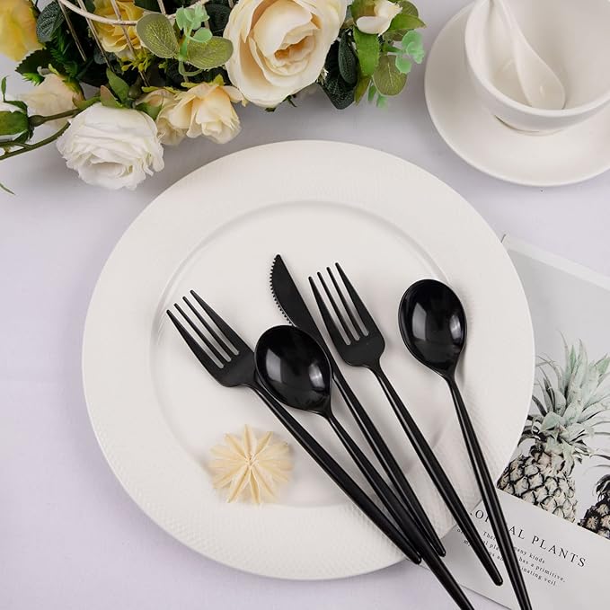 Supernal 180pcs Black Plastic Silverware Heavy Duty Black Party Cutlery Disposable Plastic Forks and Spoons Disposable Utensils Flatware Include 60 Forks,60 Knvies,60 Spoons (Pack of 2)