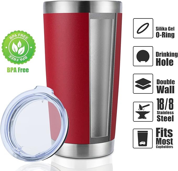 DOMICARE 20oz Stainless Steel Tumbler Bulk with Lid, Double Wall Vacuum Insulated Travel Mug, Powder Coated Coffee Cup, Powder Red, 12 Pack