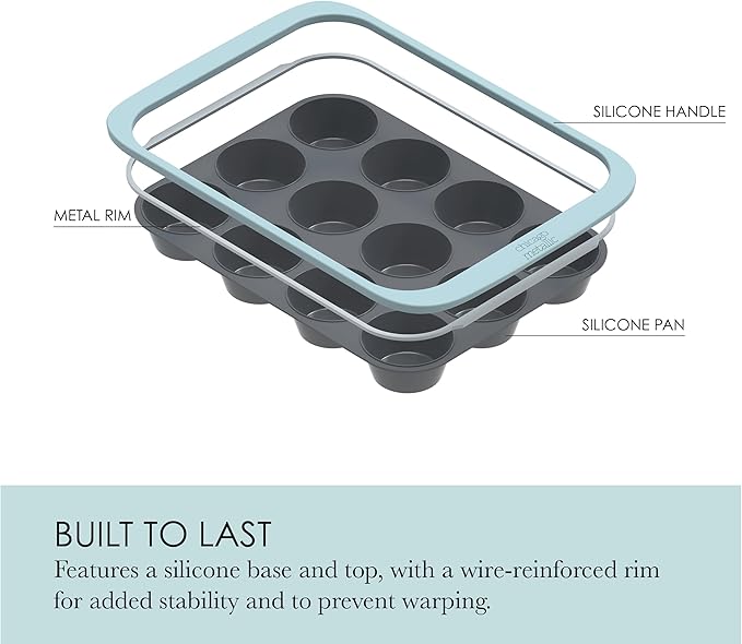 Chicago Metallic 12-Cup Silicone Muffin Pan, Nonstick Bakeware with Wire-Reinforced Rim, BPA-Free Food-Grade Silicone, Oven Safe to 428°F, Dishwasher Safe, Easy Cupcake Release