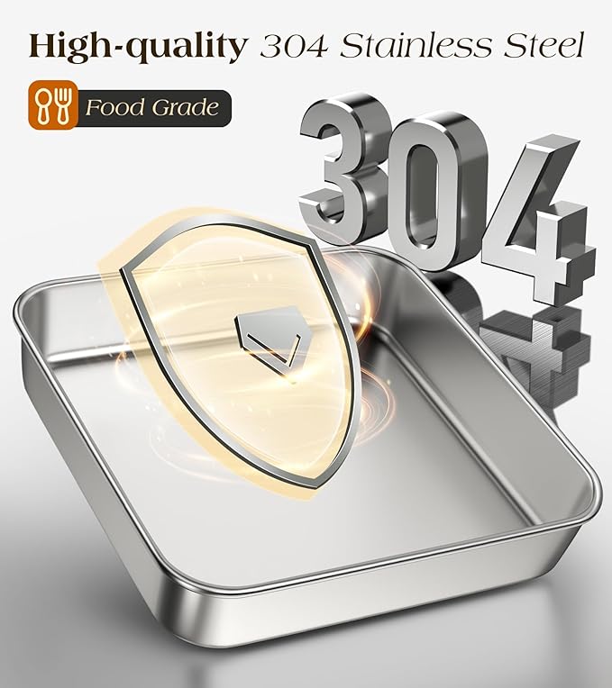 8 x 8-Inch Baking Pan with lid, 304 Stainless Steel Square Cake Pan, Bakeware for Cakes Brownies Casseroles, Thicker Rectangle Sheet Cake Pans, Non-toxic & Heavy Duty & Dishwasher Safe - Set of 2