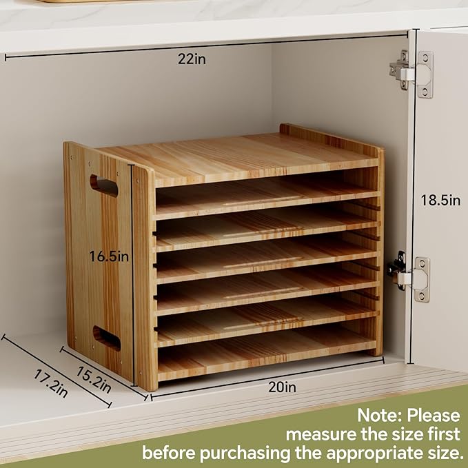 7 Tiers Cookie Sheet Organizer for Cabinet, Wooden Tray Dividers for Kitchen Cabinets Baking Sheet Pan Organizer, for Heavy Pans, Cutting Board, Bakeware, Kitchen Cupboard Storage, Solid Wood