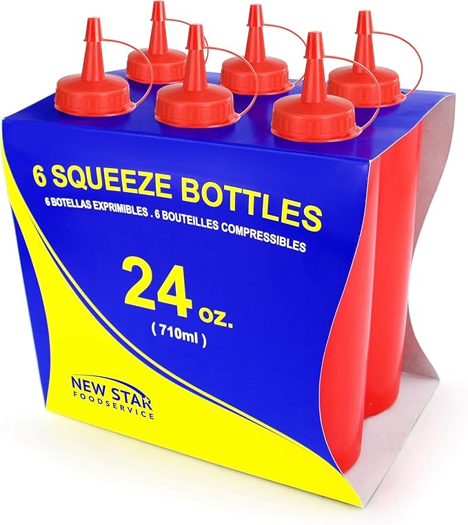 New Star Foodservice 24 oz Red Squeeze Bottle, Regular Mouth, Pack of 6