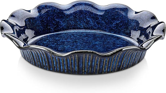 vancasso Ceramic Pie Pan for Baking, 9 inch Deep Pie Plates for Apple Pie, Pot Pie, Tart and Quiche, Reactive Glaze Fluted Pie Pans, Large Pie Dish with Ruffled Edge, Blue, STERN Series