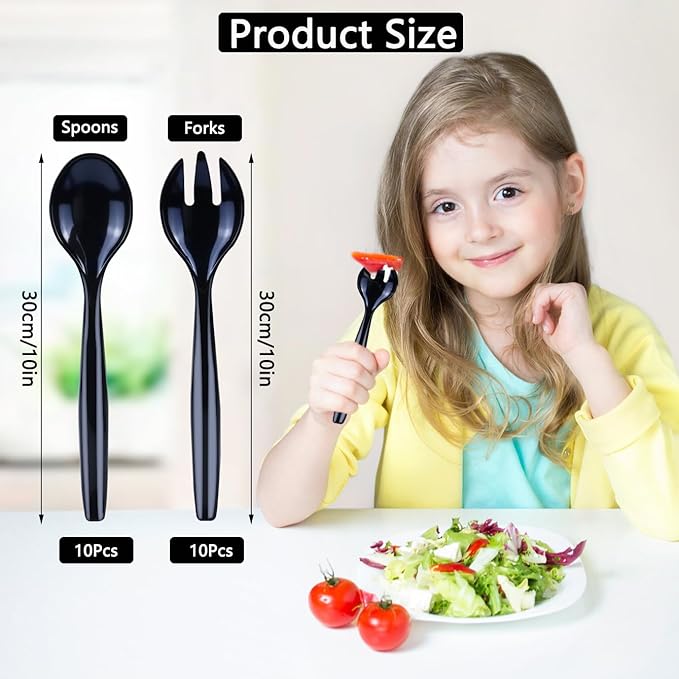 20Pcs Black Plastic Serving Spoons and Forks 10'' Large Serving Utensils Heavy Duty Disposable Spoon for Catering Supplies Buffet Restaurant Party, Weddings, Salad Noodles