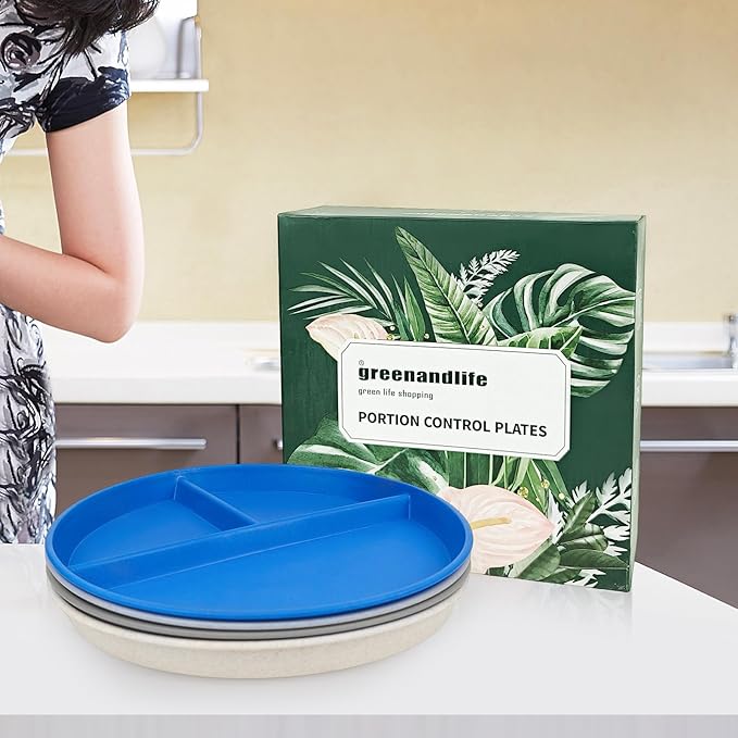 greenandlife 9 Inch 4PCS Unbreakable Portion Control Plates, Divided Plates for Kids Adults, Dishwasher & Microwave Safe Compartment Plate, Lightweight Reusable Wheat Straw Plate, BPA Free