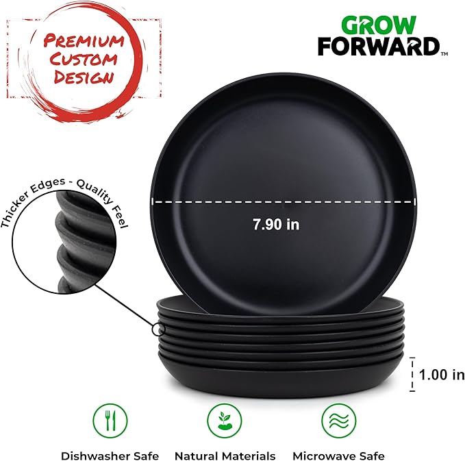 Grow Forward Premium Wheat Straw Plates - 8 Inch Reusable Hard Plastic Dinner Plates Set of 8 - Unbreakable Microwave Safe Plates for Dessert, Camping, RV, Outdoors, Patio, Kitchen Dishes - Midnight