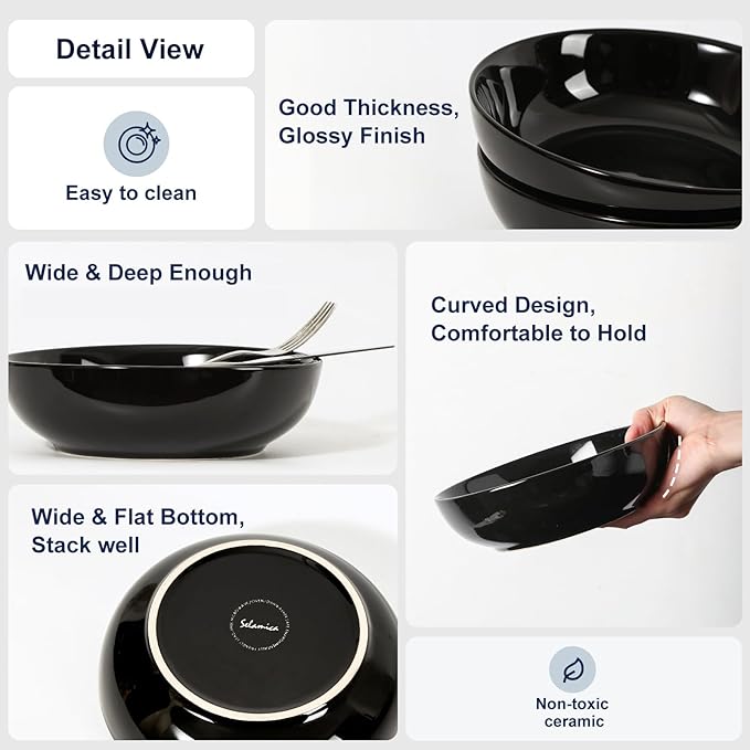 Selamica Ceramic Pasta Bowls Set of 4, Large Salad Bowl, Black