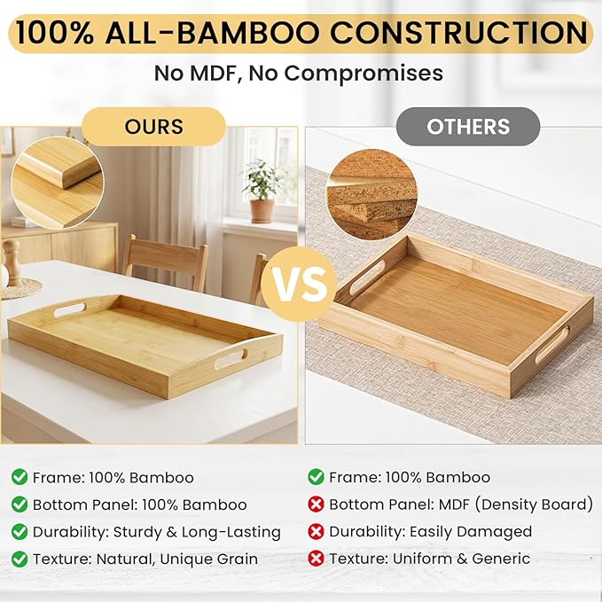 Bamboo Serving Tray with Handles Set of 2 - Decorative Wooden Trays for Eating, Working, and Storing, Suitable for Use in Bedroom, Living Room, Kitchen, Bathroom, Outdoor Scenarios and More