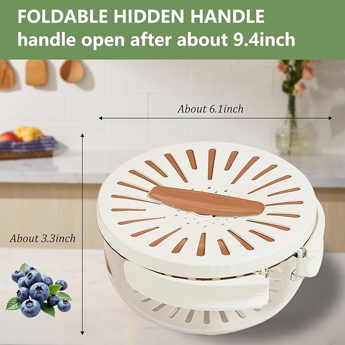 2 in 1 Fruit Vegetable Washing Bowl with Strainer,1 QT Multipurpose Drain Basket with Lid & Foldable Handle,Fruit Strainer Container for Kitchen,Fridge,Picnics,Apartment