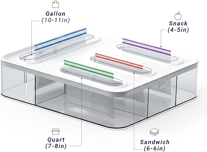 Ziplock Bag Organizer for Drawer | 4 In 1 Plastic Bag Organizer For Gallon, Quart, Sandwich & Snack | Food Bags Dispenser for Kitchen Storage, Wall Mount, Lightweight & Durable