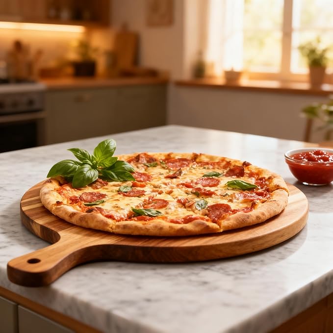ZeQi Round Acacia Wood Cutting Board with Handle 16''x12'' /Charcuterie Board/Pizza Board/Serving Board for Cheese, Bread, Vegetables & Fruits (Round)