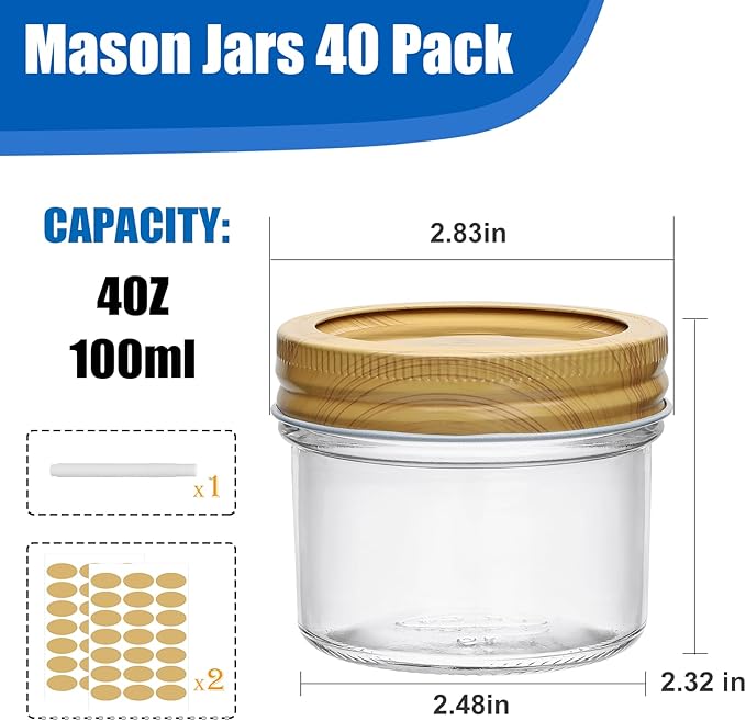 Accguan 4oz Glass Jars With Woodgrain Lids and Bands,Mason Jars,Ideal For Honey,Jam,Wedding Favor,DIY Magnetic Mini Spice Jars For Kitchen,Set of 40