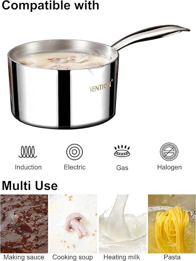 VENTION Tri-Ply Stainless Steel 1 Quart Saucepan with Lid, Bright Small Sauce Pan with Pour Spout, Small Pots for Cooking