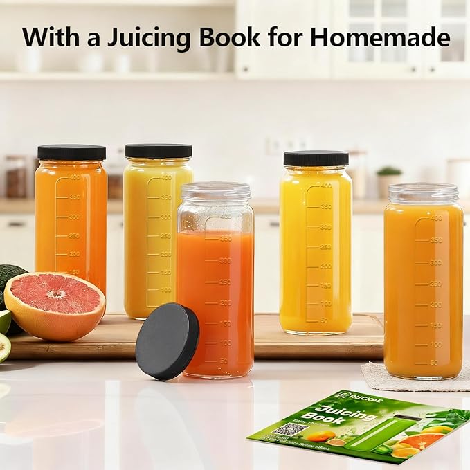 Ruckae 16oz 8 Pack Juice Bottles, Glass Bottles Juicing with Lids, Smoothie Cup Lids and Straws, Water Bottle Mason Jar Drinking Glasses for Juicing, Smoothies, Kombucha