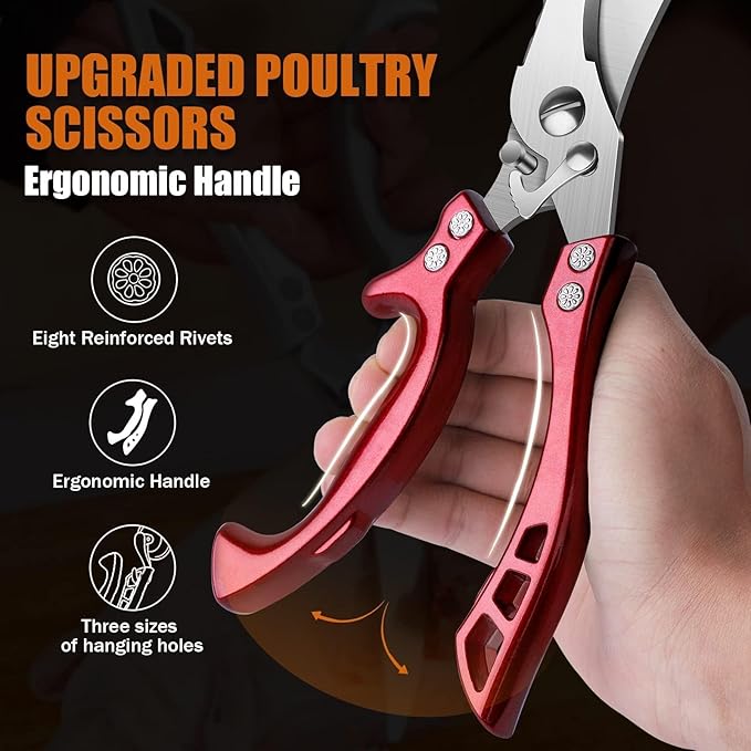 Dream Reach Poultry Shears, Red Heavy Duty Kitchen Shears with Serrated Edge, No Rust Spring Loaded, Multipurpose Stainless Steel Kitchen Scissors for Chicken Meat, Turkey, Fish, Gifts for Men Women