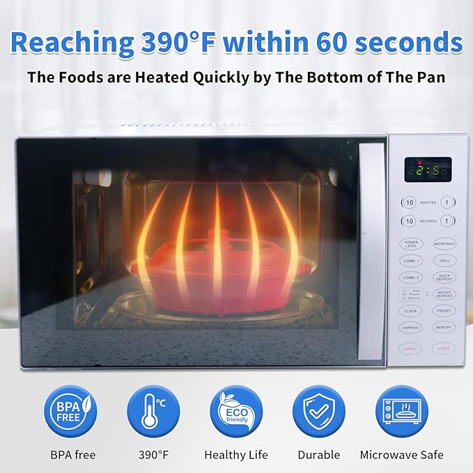 Microwave Grill Pan, Fry Griddle Crisper Pan with Lid for Grilling Browning and Crisping Foods Microwave Silicone Cookware for Baked Potato Meat Sandwich Vegetable Blue