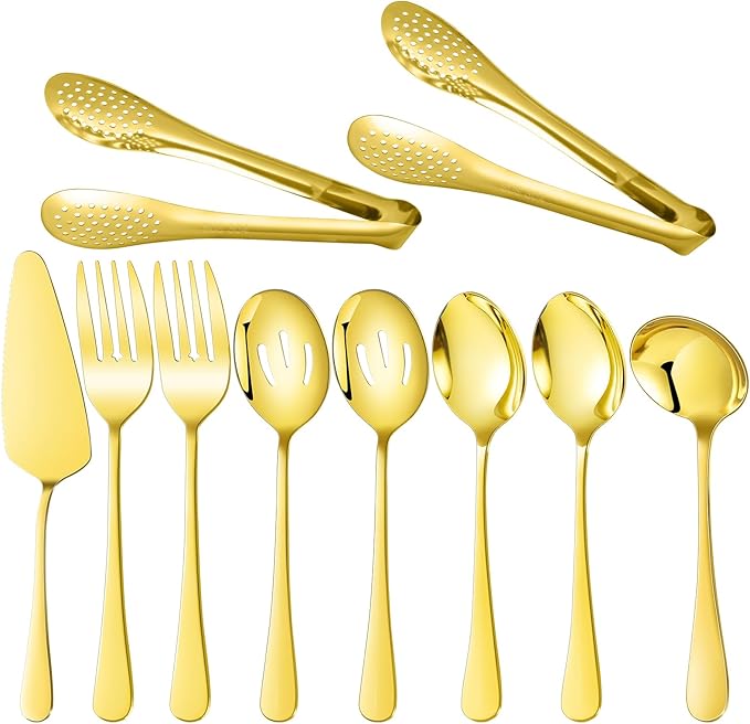 10 PCS 18/8 Gold Stainless Steel Heavy Duty Serving Utensils Set for Parties, Kitchen Serving Tools-Serving Spoons, Slotted Spoons, Serving Forks Tongs Soup Ladle, Cake Pie Server for Buffet, Wedding