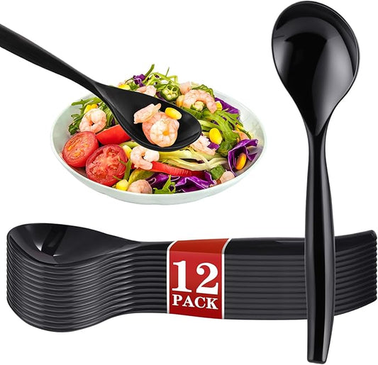 Mwellewm 10" Serving Spoons Plastic Serving Utensils 12 Packs Disposable Spoons for Buffet Large Heavy Duty Black Plastic Soup Spoons Catering Supplies for Parties Weddings Gatherings Holiday