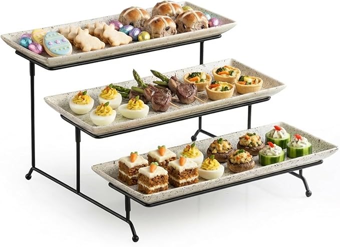 LAUCHUH 3 Tier Serving Trays for Party, 14 inch Porcelain Tiered Tray Stand Serving Platter with Collapsible Sturdier Rack Serving Dishes for Mother's Day Entertaining, Speckled Glaze