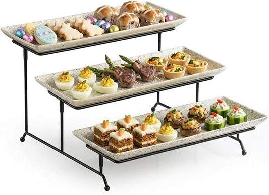 LAUCHUH 3 Tier Serving Trays for Party, 14 inch Porcelain Tiered Tray Stand Serving Platter with Collapsible Sturdier Rack Serving Dishes for Mother's Day Entertaining, Speckled Glaze