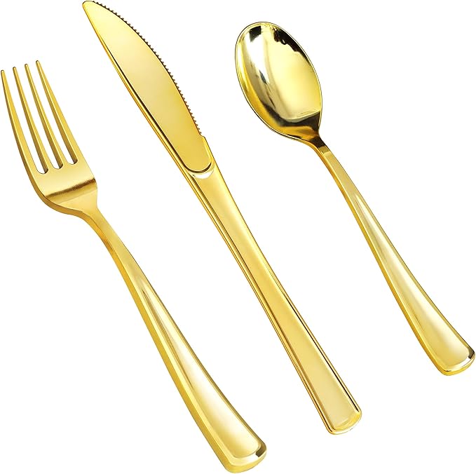 SETUP [160 Count] Disposable Silverware, Gold Combo Cutlery - 80 Forks, 40 Spoons, 40 Knives - Heavy Duty, and Durable Gold Plastic Silverware Set Great for Parties, Events and Everyday use
