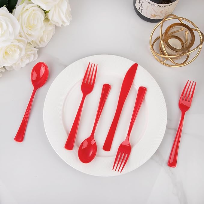 WDF 160 Piece Red Plastic Silverware - Heavy Duty Christmas Silverware of 80 Forks, 40 Spoons, 40 Knives - Red Plastic Utensils Perfect for Party Daily Baby Shower Wedding Spring