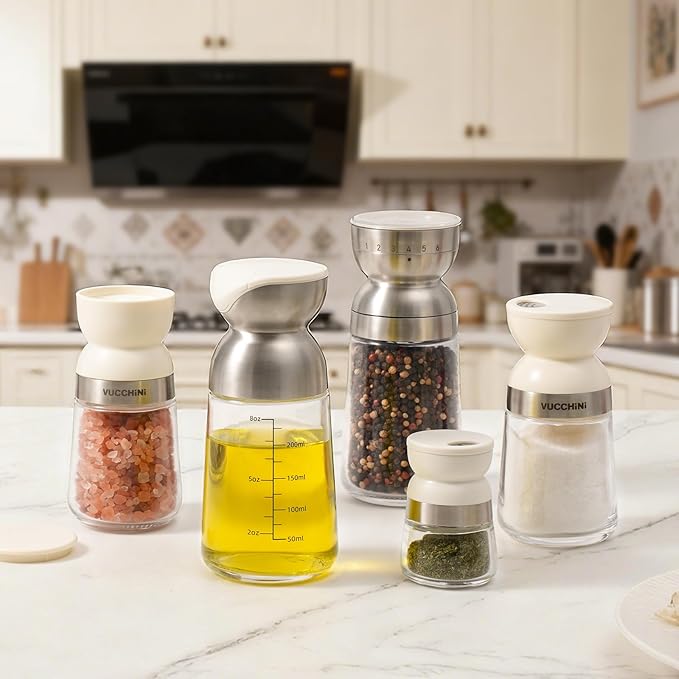 Vucchini Oil Dispenser for Kitchen Stainless Steel Olive Oil Dispenser Bottle 9 Ounce with Non- Drip Spout Glass Vinegar Soy Sauce Dispenser for Cooking, Salad