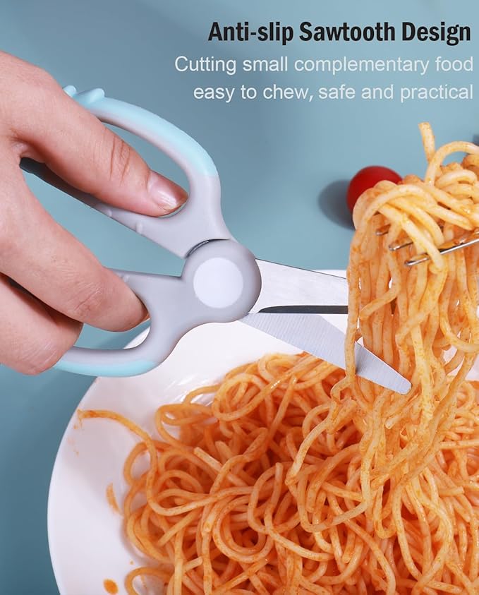 Baby Food Scissors Kicthen Shears - Healthy Portable Cute Kitchen Scissors with Dust Cover and Storage Travel Case - Ideal for Cutting Meat, Chicken, Vegetables, Fruits(Bee Blue+Panda Pink)