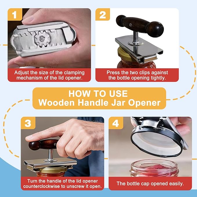 Aesthetic Oak Handle Effortless Jar Opener - Heavy-Duty 304 Stainless Steel Adjustable Cap Crack, Strong Grip for Senior & Weak Hand - Physical Leverage Manual Lid Remover Kitchen Aid Tool