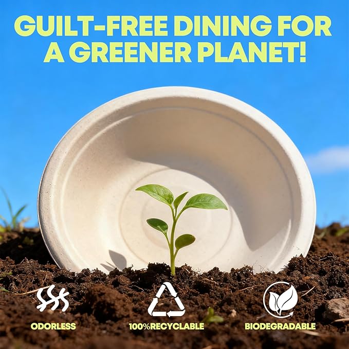W&Y 12 oz Paper Bowls, 100-Count Disposable Compostable Bowls, Microwave Safe & Heavy Duty, Biodegradable Sugarcane Fiber Bowl for Hot Soup, Salad, Snacks, and Party Use