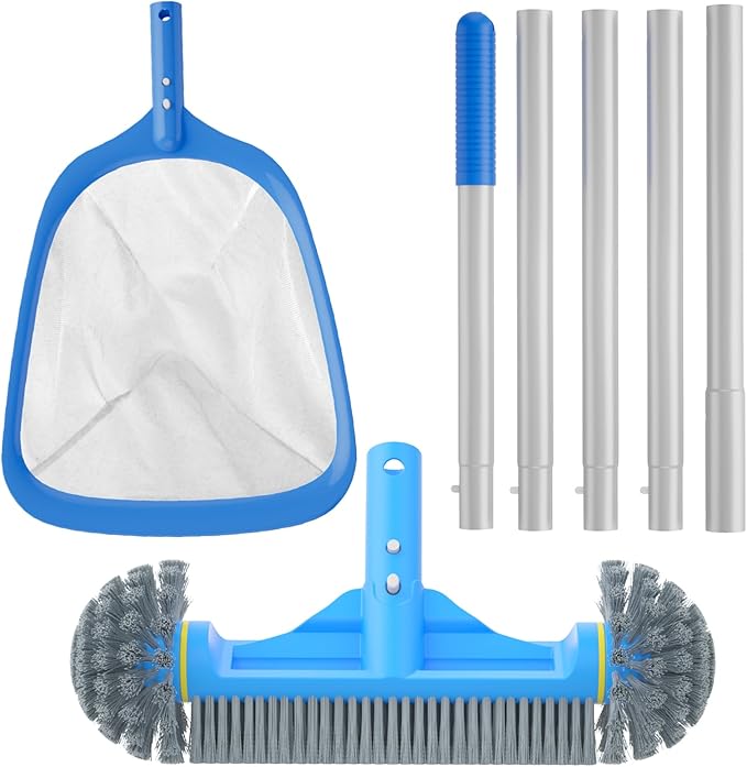 TidyMister 3PCS Cleaning Kit - 12.5'' Brush With Round End & 11'' Skimmer Net Fine Mesh & 5.7 Feet Thick Aluminum Pole 5-Segment, for Above Ground & Inground Pools Ponds