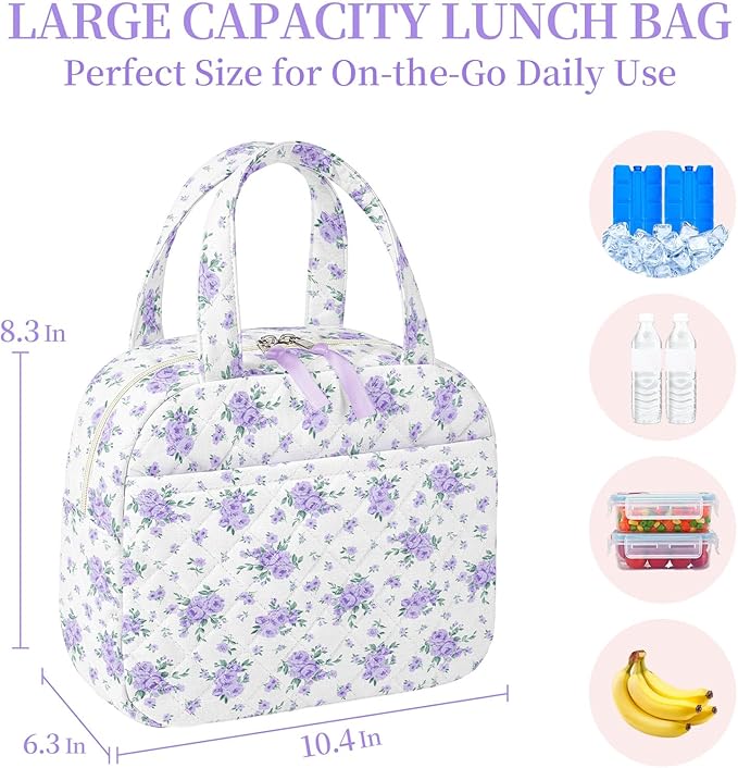 Quilted Lunch Box for Women,Coquette Aesthetic Lunch Box for Teen Girls,Cute Floral Lunch Bags for Work, School,Office,Picnic,Travel (Big Purplre Floral)