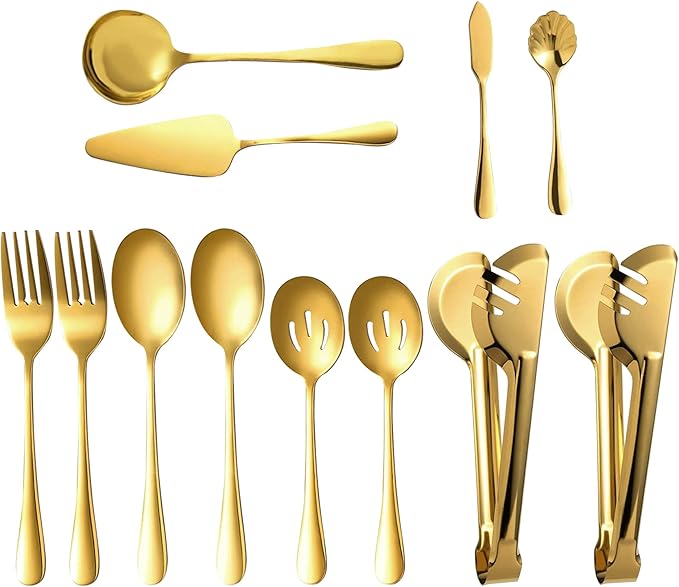 Gold Serving Utensils Set of 12, Stainless Steel Serving Sets with, 9.8''Serving Forks, Slotted Spoons, Tongs, Ladle, Butter Knife, Pie, Serving Utensils in Gold for Parties,Buffet, Wedding