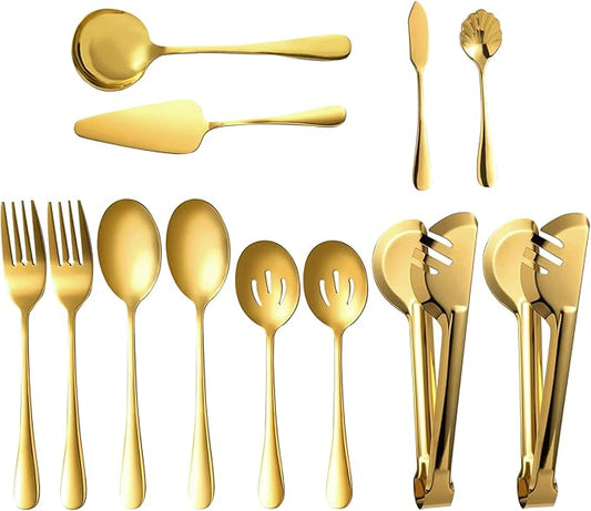 Gold Serving Utensils Set of 12, Stainless Steel Serving Sets with, 9.8''Serving Forks, Slotted Spoons, Tongs, Ladle, Butter Knife, Pie, Serving Utensils in Gold for Parties,Buffet, Wedding