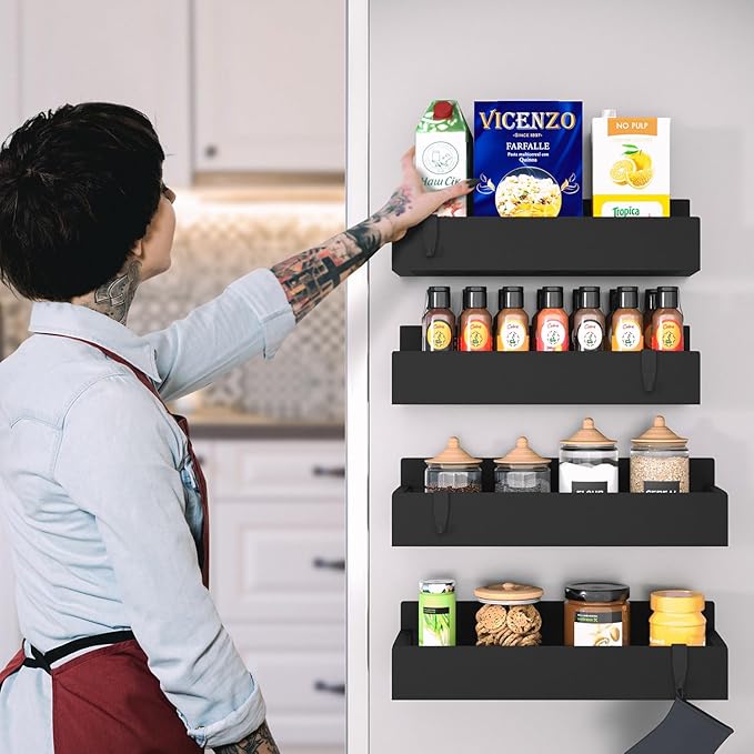 Metal Magnetic Spice Rack for Refrigerator – 4 Pack Strong Magnet Organizer Shelves with Notepad – Black Heavy-Duty Spice Storage for Kitchen, Pantry, Laundry, Apartment, RV