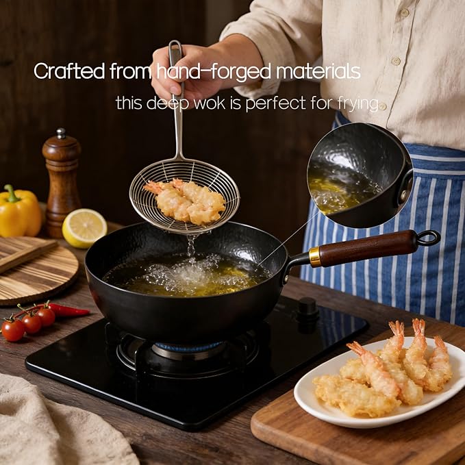 Calmabode 10" Pre-Seasoned Carbon Steel Wok - Fast, Even Heating - Works on Gas, Electric & Induction - Durable Commercial-Grade - Ready-to-Use, Easy Maintenance - Toxin-Free Cooking - Deep Pan