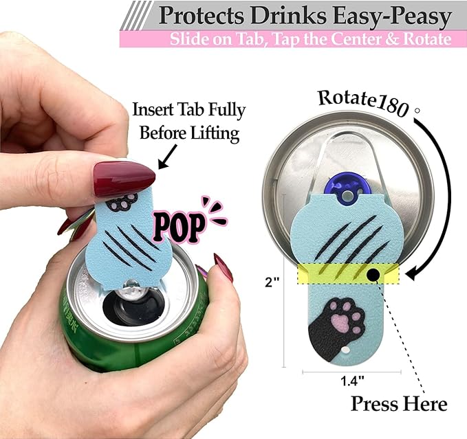 Soda Can Tab Opener Mini Soda Can Cover Easy Tab Opener and Drink Protector Cute Beverage Barricade Soda Protector for Beer,Coke,Aluminum Cans at Party,BBQ, Beach(Cat Paw Blue)