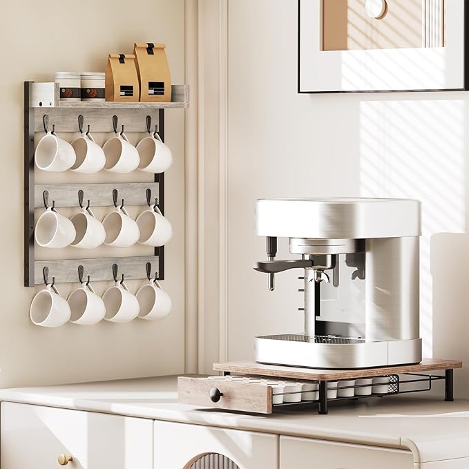 Coffee Mug Holder Stand, 3 Tier Mug Tree Rack, Hanging 12 Cups, with Top Shelf, for Kitchen, Dining Room, Living Room, Cafe, Greige and Black MH42BG