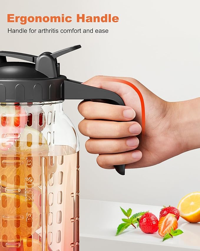 64oz Mason Jar Pitcher with Fruit Tea Infuser – Airtight & Leakproof Glass Pitcher with Lid, Perfect for Iced Tea, Sun Tea and Cold Brew, 2 Quart (1/2 Gallon) Wide Mouth Mason Jar with Pour Spout Lid