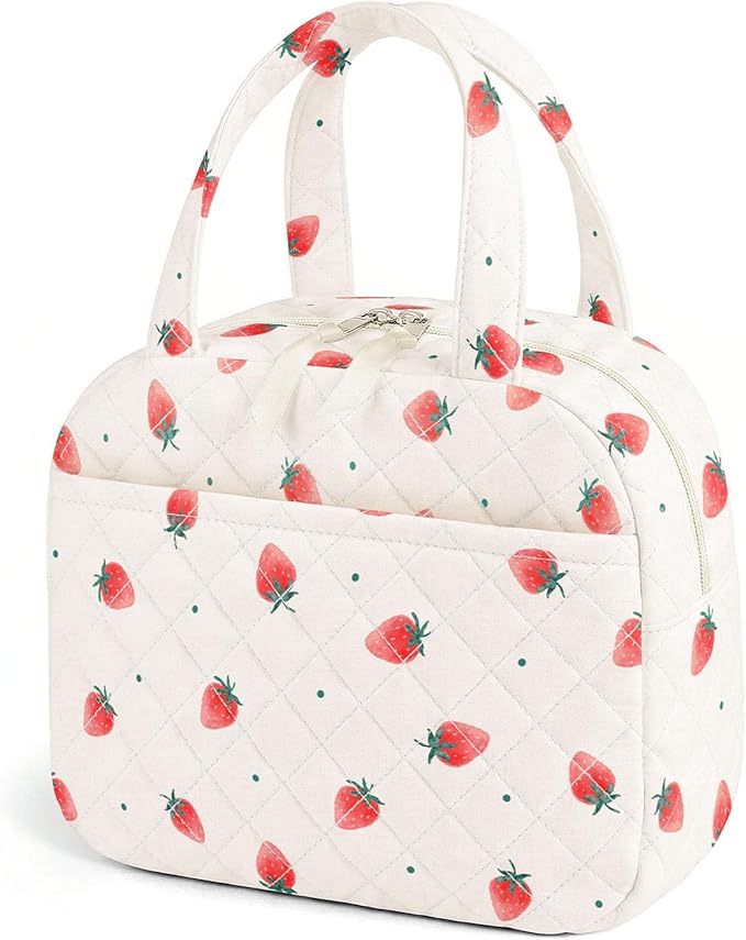 Quilted Lunch Box for Women,Coquette Aesthetic Lunch Box for Teen Girls,Cute Strawberry Lunch Bags for Work, School,Office,Picnic,Travel (Strawberry)