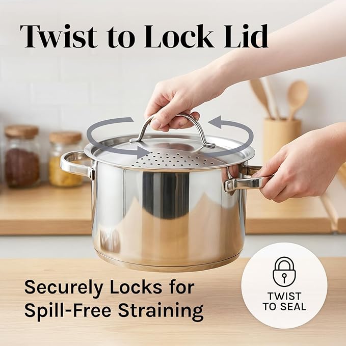 Stainless Steel Pasta Pot with Strainer Lid - 5.5 Qt Large Capacity Spaghetti Pot with Twist Lock Lid - Deep Cooking and Stock Pots for Boiling, Dishwasher Safe By Cooler Concepts