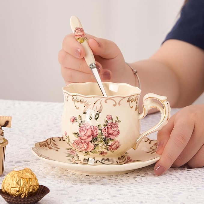 YOLIFE Tea Cups and Saucers Set of 2, Vintage Ceramic Tea Cups Set Floral and Gold Leaves Trim Design - 8 oz (Pink Rose with Gift Box(no stand))